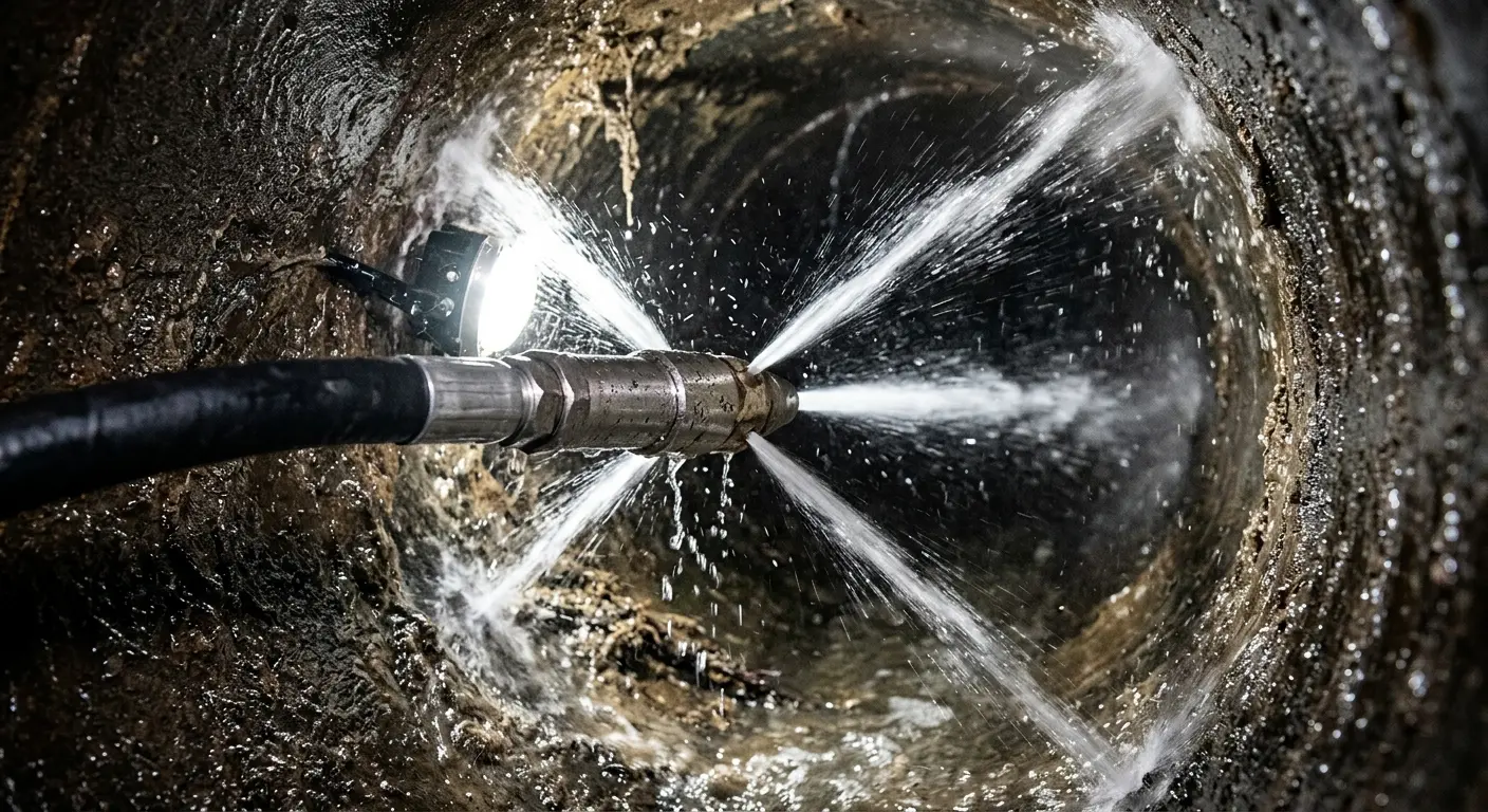 High-pressure hydro jetting nozzle cleaning sewer pipe for Trenchless Sewer Repair in Reminderville