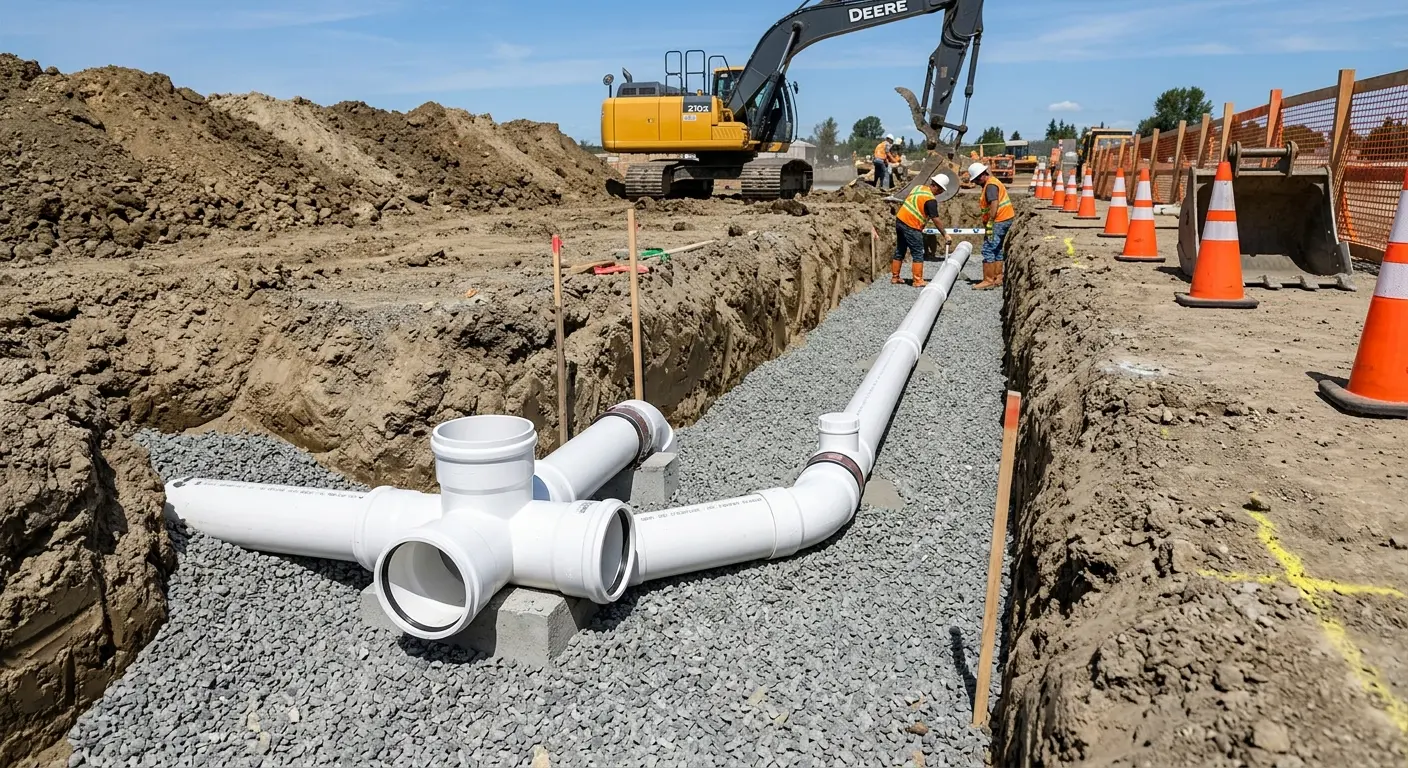 New PVC sewer pipe installation in open trench for Commercial Drain Cleaning in Reminderville