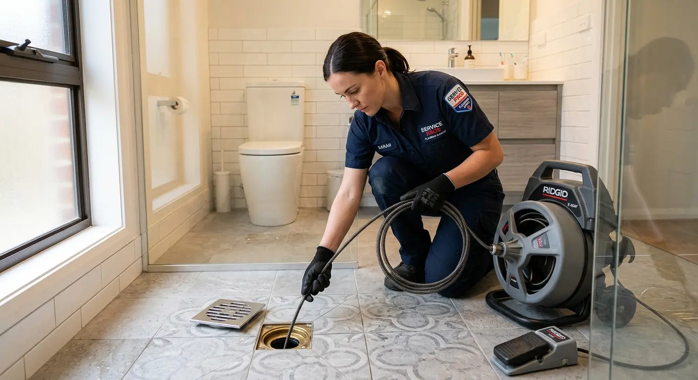 Technician clearing a bathroom floor drain for Hydro Jetting in Reminderville
